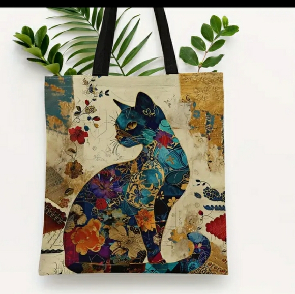 Floral Cat Pattern Canvas Tote Bag, NWT - Picture 3 of 4